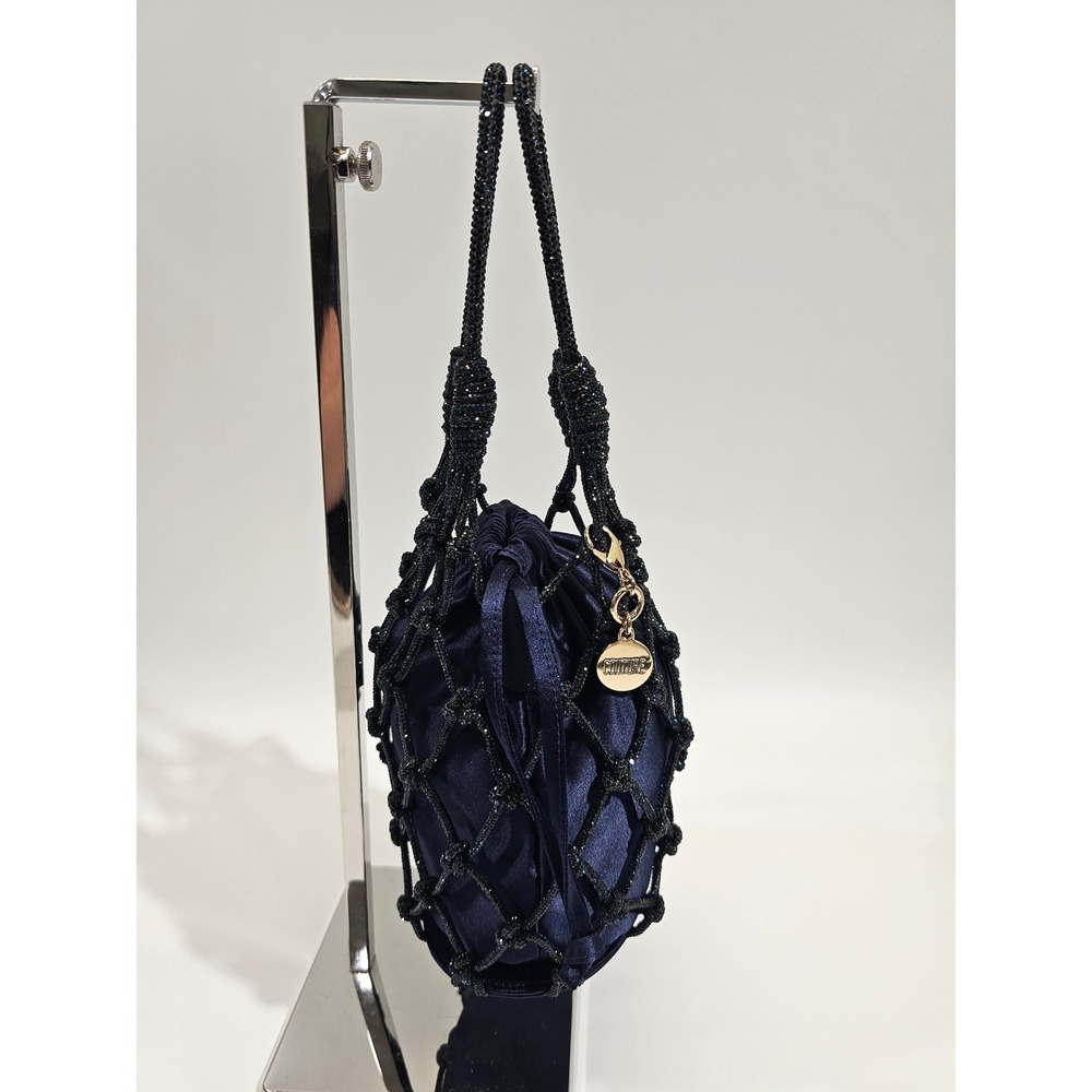 Judith Leiber Couture Sparkle Net Pouch Bag Bucket Navy Satin Mesh Evening EUC - Picture 7 of 13